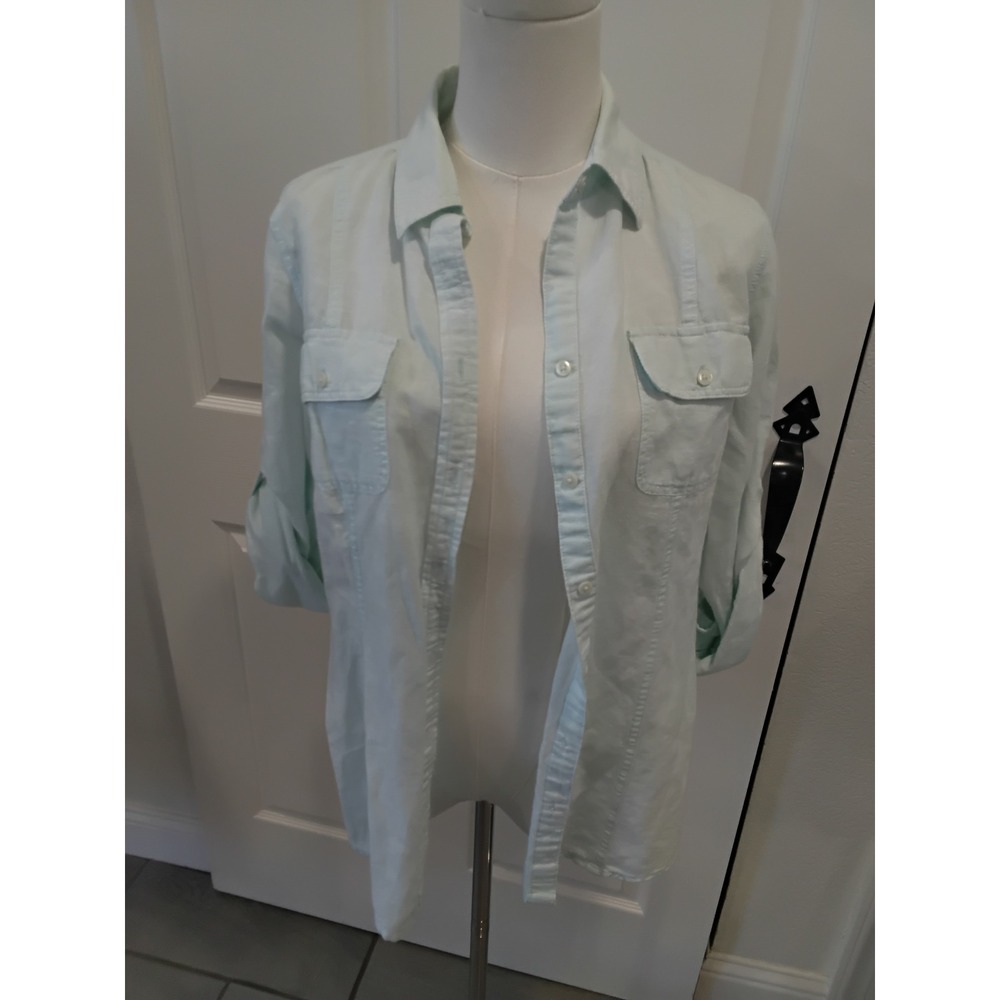 Banana Republic Soft Wash Shirt Mint Green Linen Cotton Roll Tab‎ Sleeve Small